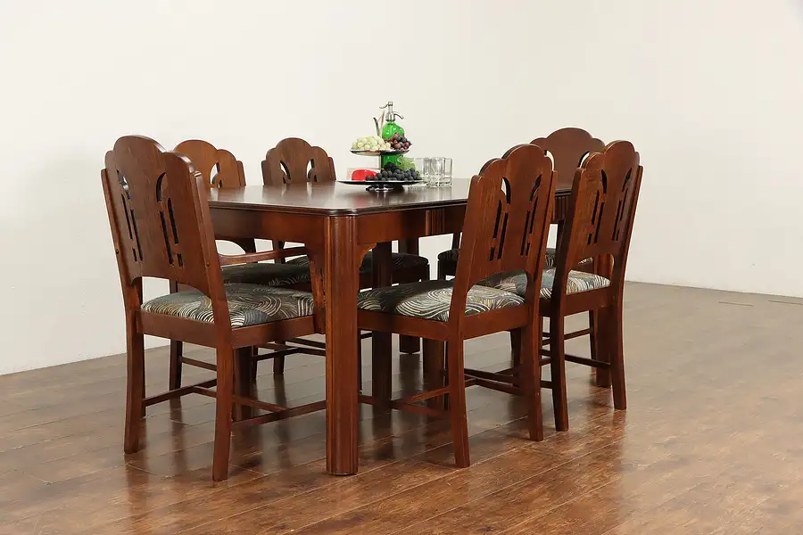 Main image of Art Deco Vintage Dining Set, Table Extends 8,' Newly Upholstered 6 Chairs