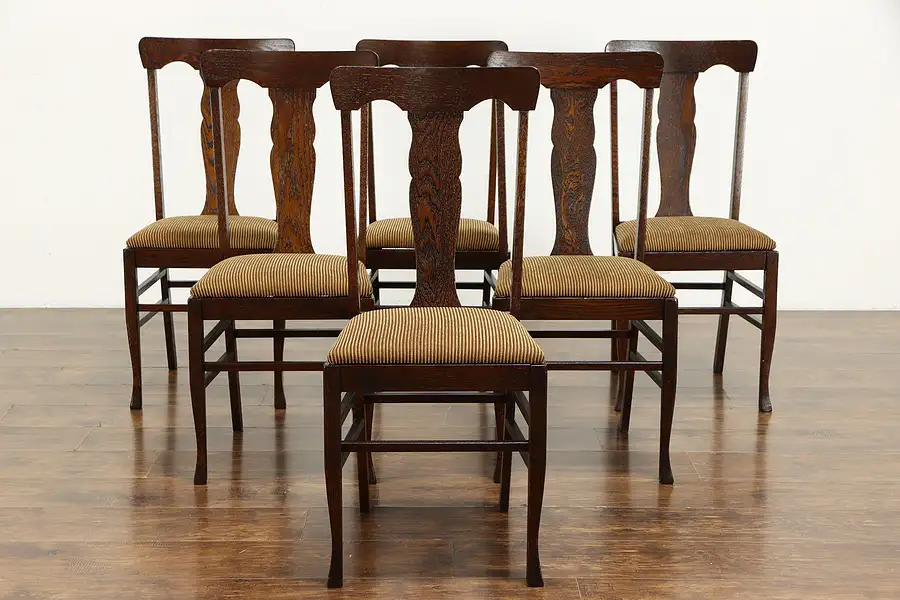 Main image of Set of 6 Solid Oak Antique Dining Chairs, New Upholstery