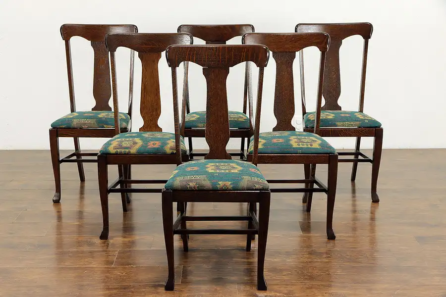 Main image of Set of 6 Oak Antique Craftsman or Farmhouse Dining Chairs, New Upholstery