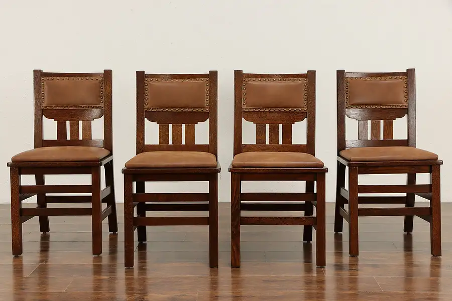 Main image of Set of 4 Art & Crafts Mission Oak Craftsman Leather Dining Chairs Phoenix