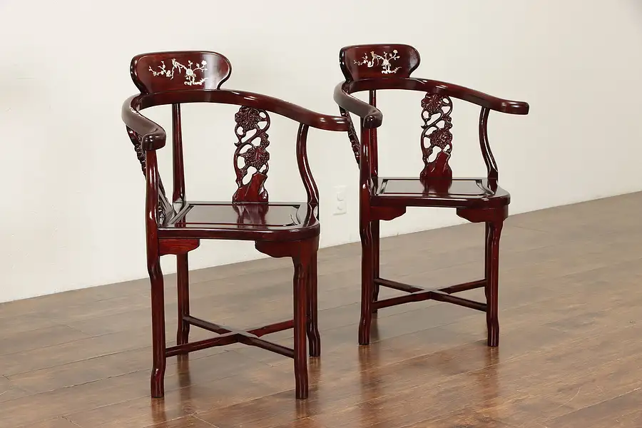 Main image of Pair of Chinese Vintage Rosewood Corner Chairs, Pearl & Abalone Marquetry