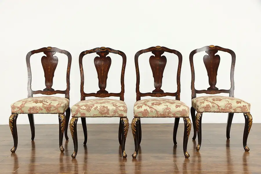 Main image of Set of 4 Italian Antique Walnut Game or Dining Chairs, Inlaid Marquetry