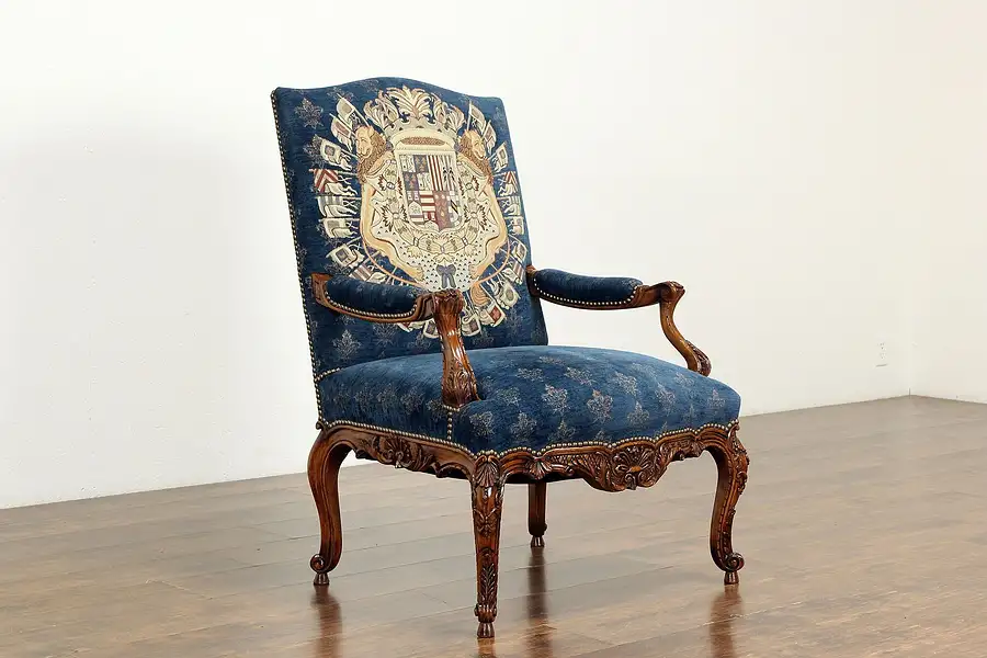 Main image of French Design Vintage Chair, Heraldic Crest Upholstery, Erica Brunson LA