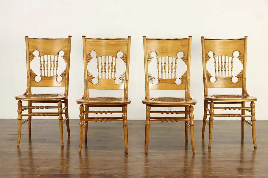 Main image of Victorian Set of 4 Carved Birch Dining or Game Chairs, Leather Seats