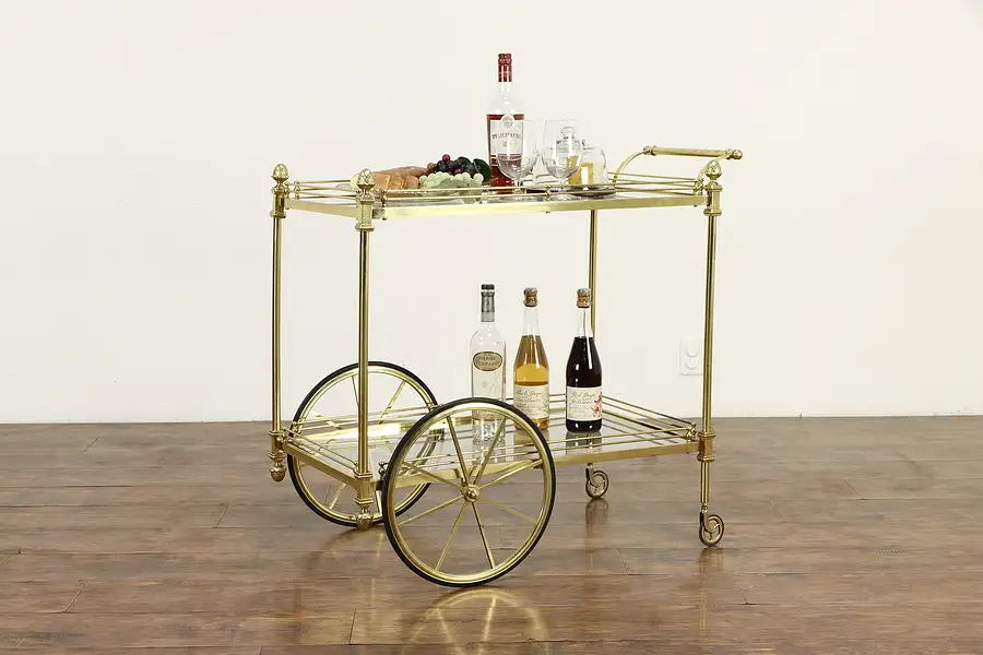 Main image of Classical Brass & Glass Vintage Bar Serving Cart,. Pineapple Finials