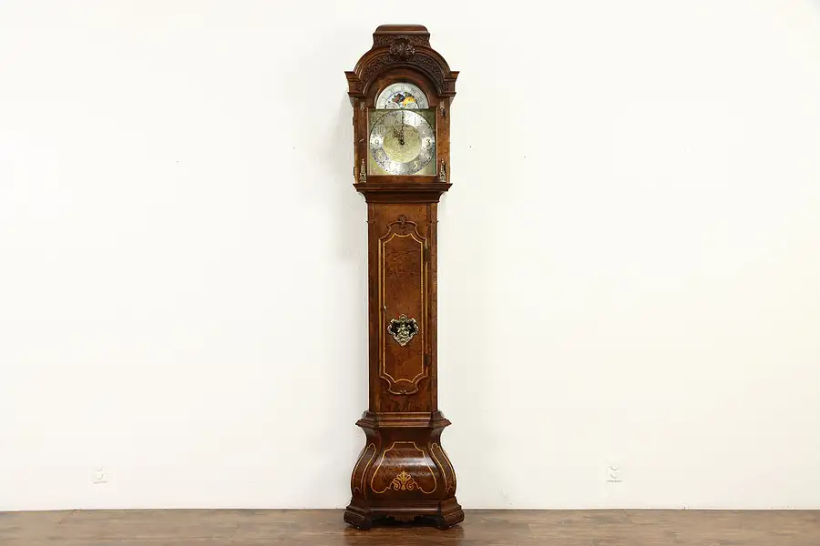 Main image of Grandfather Tall Case Vintage Marquetry Clock Westminster Chime, Colonial