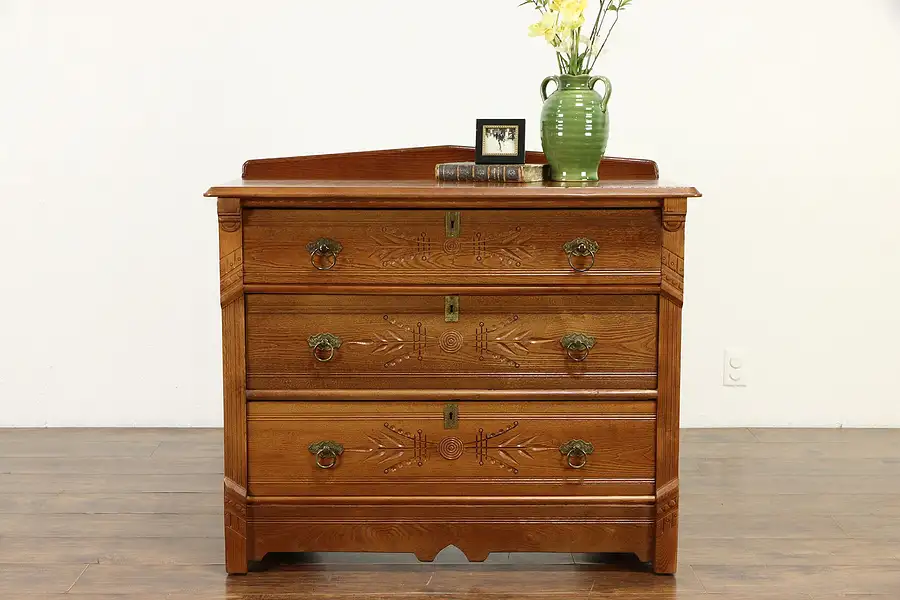 Main image of Victorian Eastlake Antique Ash & Oak Spoon Carved Chest or Dresser