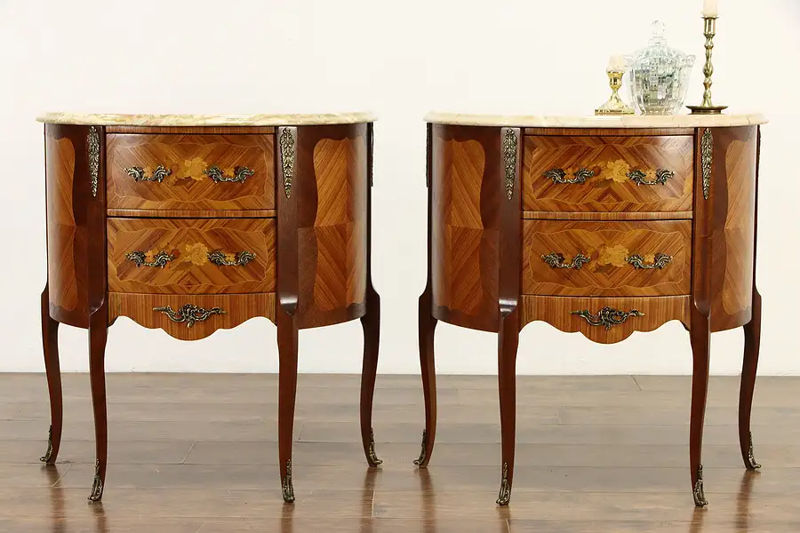 Main image of Pair of Demilune Marquetry Vintage End Tables or Nightstands Marble Tops