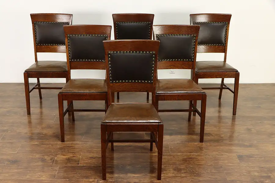 Main image of Set of 6 Craftsman Antique Quarter Sawn Oak Dining Chairs, Leather, Dunn