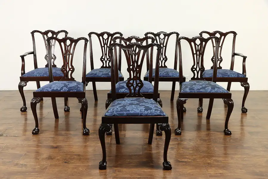 Main image of Set of 8 Georgian Chippendale Design Vintage Dining Chairs New Upholstery