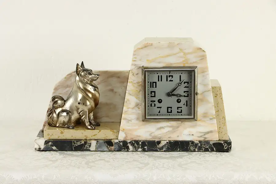 Main image of Art Deco French Antique 3 Color Marble Clock with Dog Statue, F. Marti