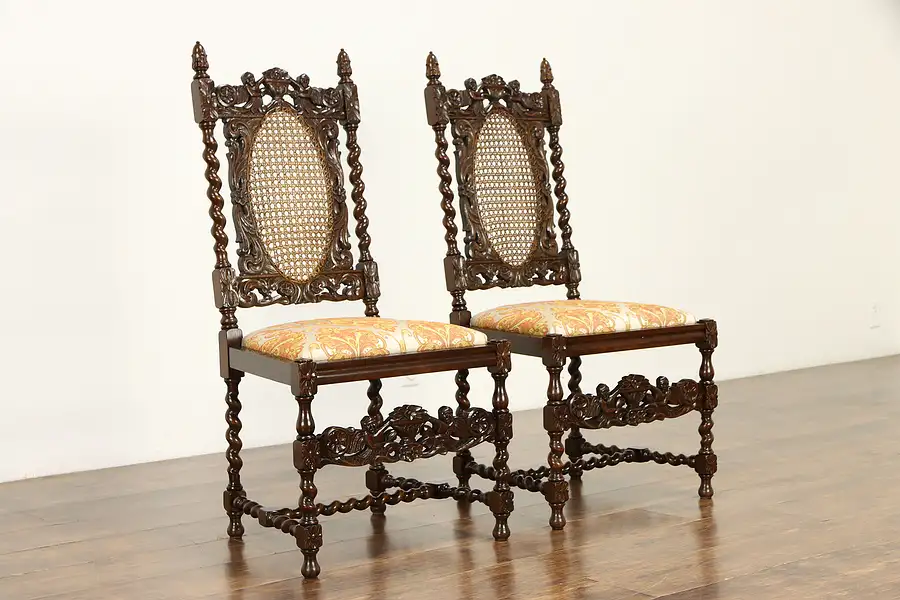 Main image of Pair Renaissance Oak Antique Dining, Desk or Hall Chairs, Carved Angels