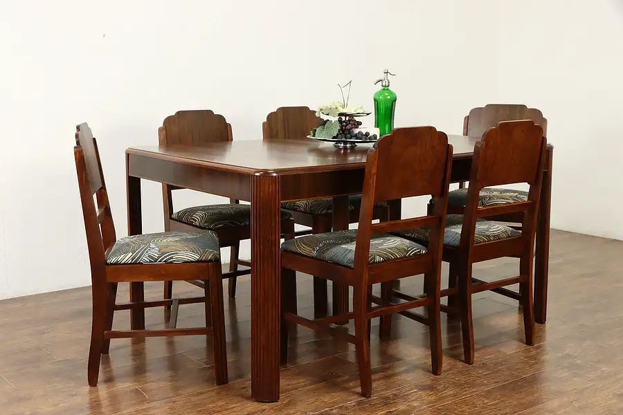 Main image of Art Deco 1930's Vintage Dining Set, Table, 6 Chairs, New Upholstery