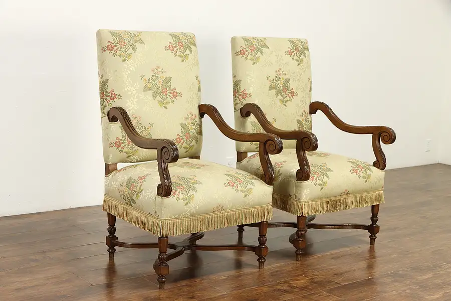 Main image of Pair of Antique Hand Carved Oak French Chairs, Tapestry with Fringe