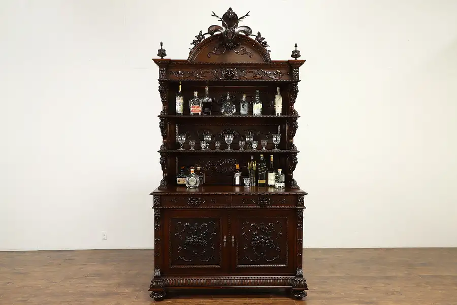 Main image of Black Forest Antique 1880 Walnut Bookcase, Sideboard or Back Bar, Dragons