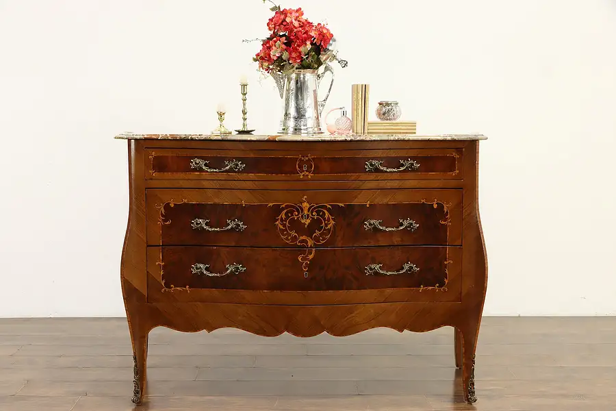 Main image of Marble Top Antique Italian Marquetry Bombe Chest, Commode or Dresser