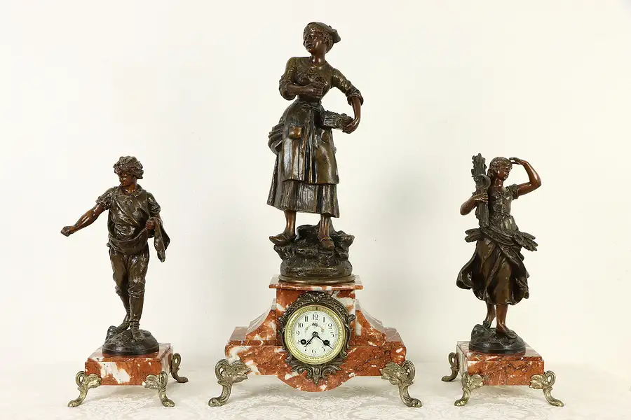 Main image of French Antique Red Marble 3 Pc Mantel Clock Set with Statues, Marti