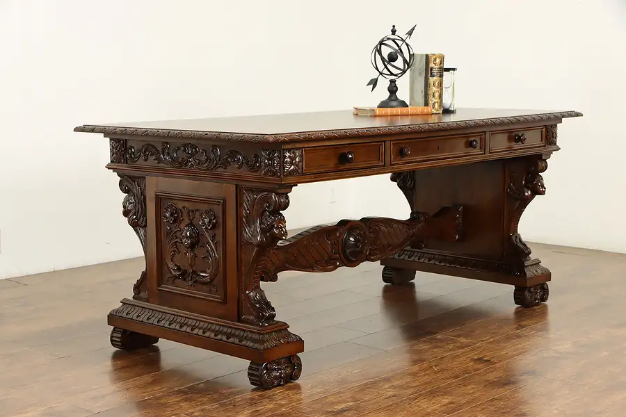 Main image of Renaissance Italian Antique Library Table, Office Desk, Carved Faces