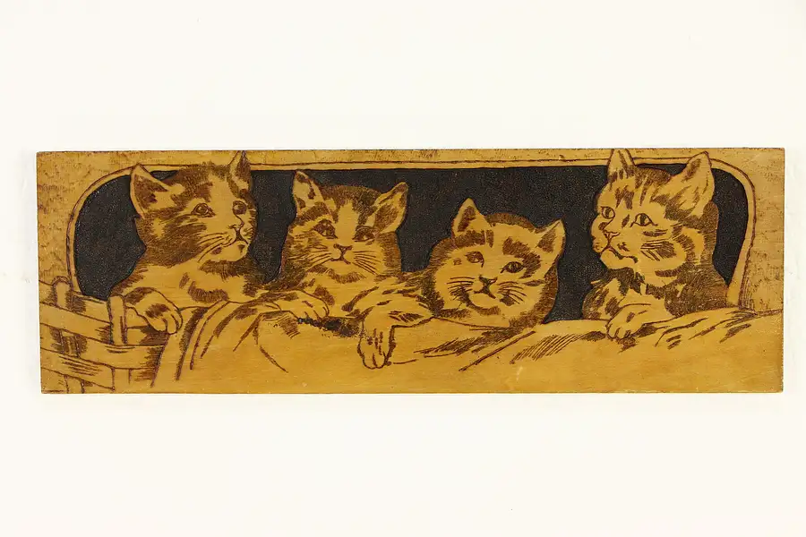 Main image of Kittens in a Basket Antique Pyrographic Burnt Wood Plaque Flemish Art