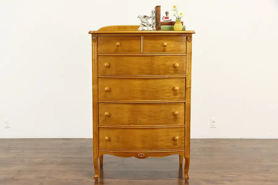 Main image of Birdseye Curly Maple Antique Highboy Tall Chest, Banderob Chase