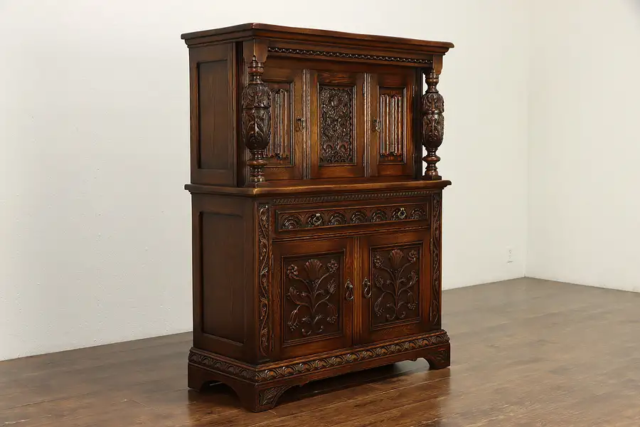 Main image of Oak Carved English Tudor Antique China or Bar Cabinet, Northern