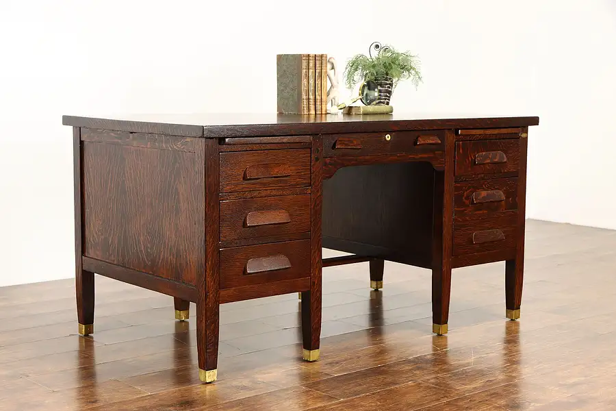 Main image of Craftsman Antique Quarter Sawn Oak Office or Library Desk, Brass Feet