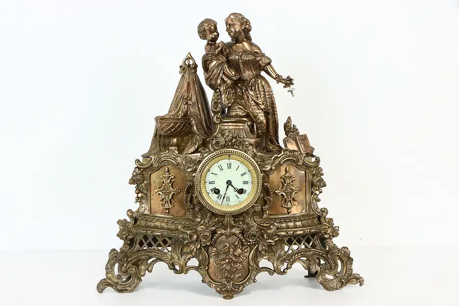 Main image of Mother & Baby Bronze Statue Antique French Mantel Clock, A.D. Mougin