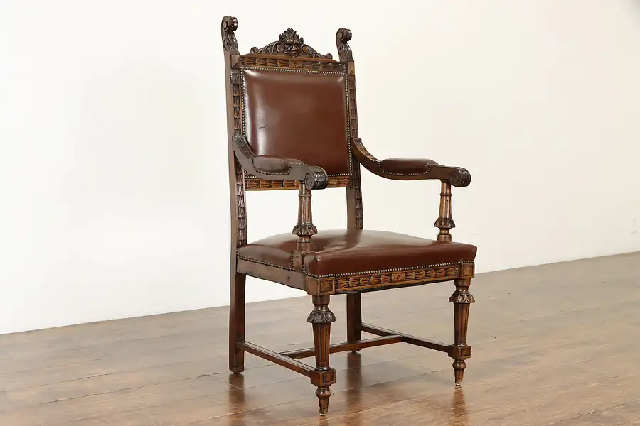 Main image of Renaissance Italian Antique Library or Office Desk Chair Lion & Leather