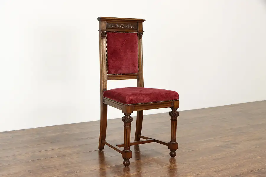 Main image of Italian Carved Walnut Antique Dining, Desk or Hall Chair, Old Velvet