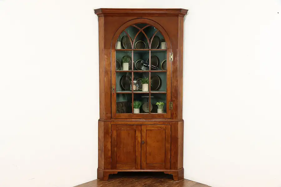 Main image of Victorian Cherry Farmhouse Antique Corner Cabinet, Cupboard, Gothic Grill