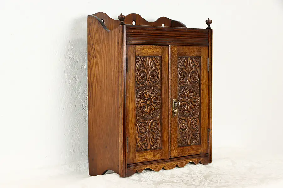 Main image of Oak Antique Wall or Tabletop Humidor Pipe Cabinet, Jewelry Medicine Chest