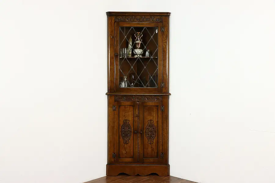 Main image of English Oak Antique Corner Cupboard or Cabinet, Leaded Glass, Reprodux