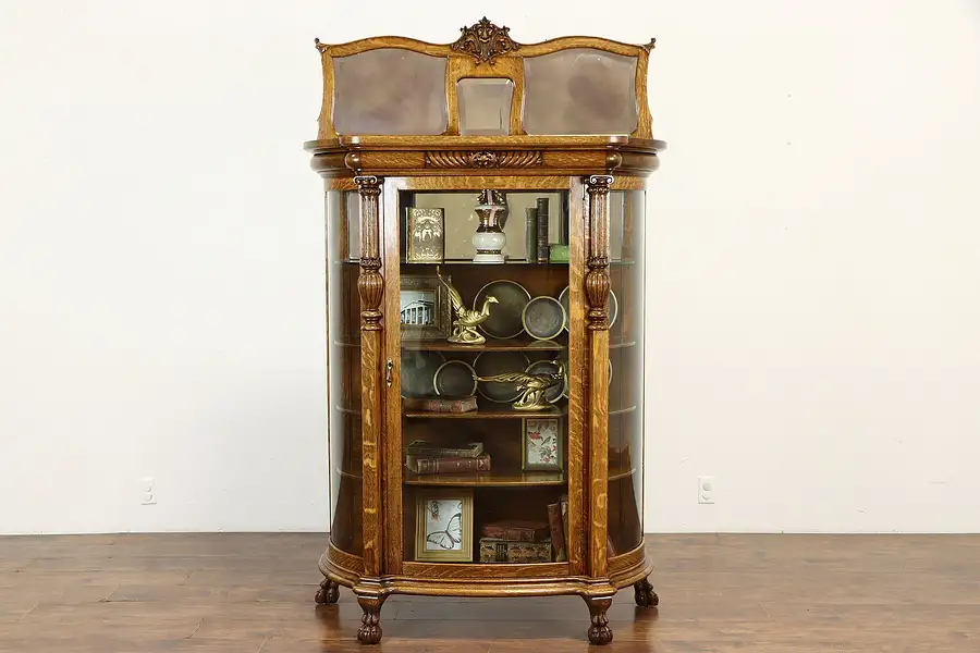 Main image of Victorian Antique Oak Curved Glass China Curio Cabinet, Lion Head & Paws