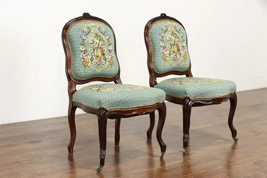 Main image of Pair of Carved Rosewood Antique French Chairs, Needlepoint & Petit Point