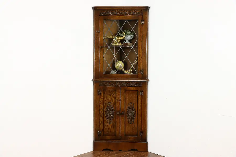 Main image of English Oak Antique Corner Cupboard or Cabinet, Leaded Glass, Reprodux