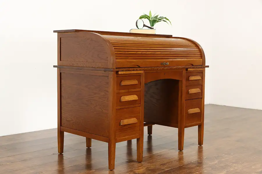 Main image of Oak Antique C Shape Office or Library Roll Top Desk, Cubicles File Drawer