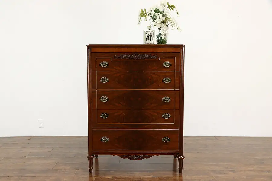 Main image of French Style Antique Walnut & Burl Tall Chest or Dresser