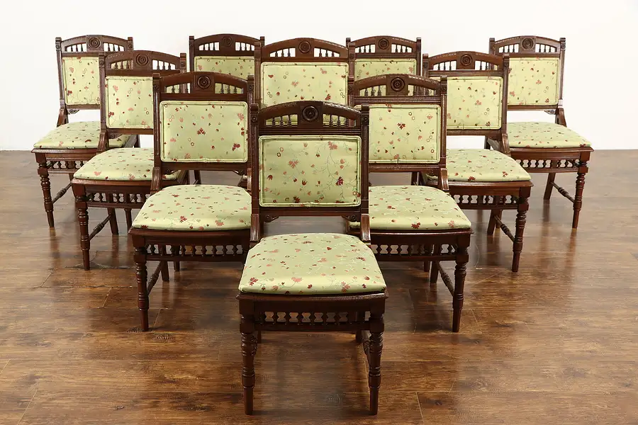 Main image of Set of 10 Victorian Eastlake Antique Walnut Dining Chairs, New Upholstery