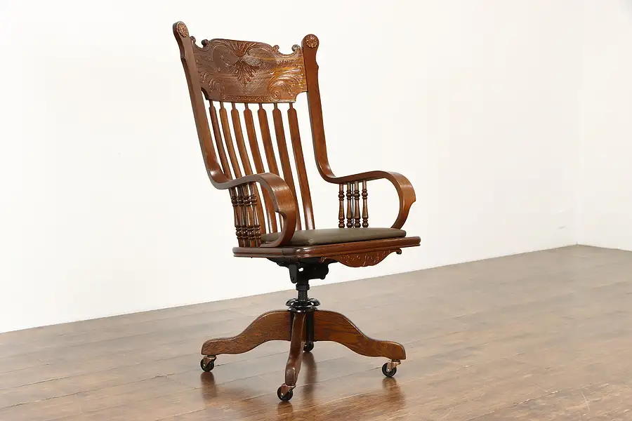 Main image of Victorian Antique Carved Swivel Adjustable Office Desk Chair, New Leather