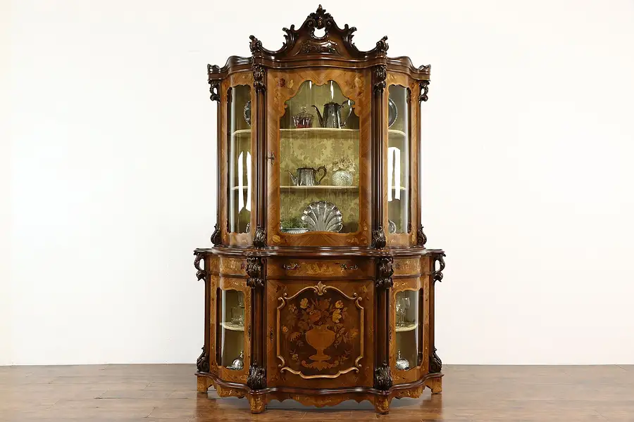 Main image of Baroque Italian Marquetry Carved Vintage China or Curio Display Cabinet