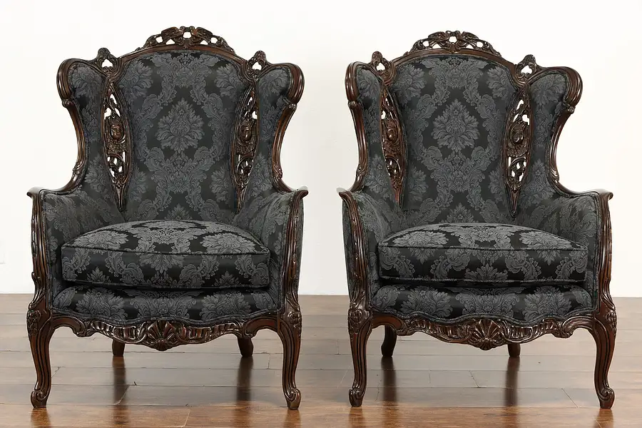 Main image of Pair of Vintage Wing Chairs, Carved Lovebirds & Angels, New Upholstery