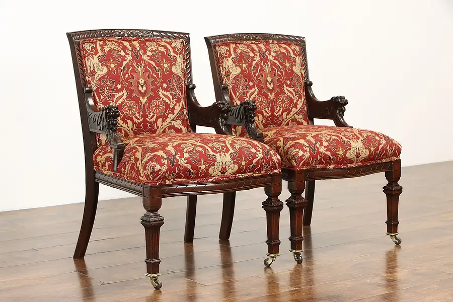 Main image of Pair of Renaissance Antique Mahogany Chairs, New Upholstery Carved Lions