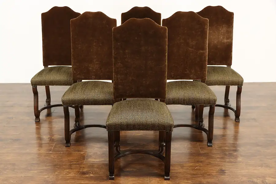 Main image of Set of 6 Country French Farmhouse Oak Vintage Dining Chairs, Mohair