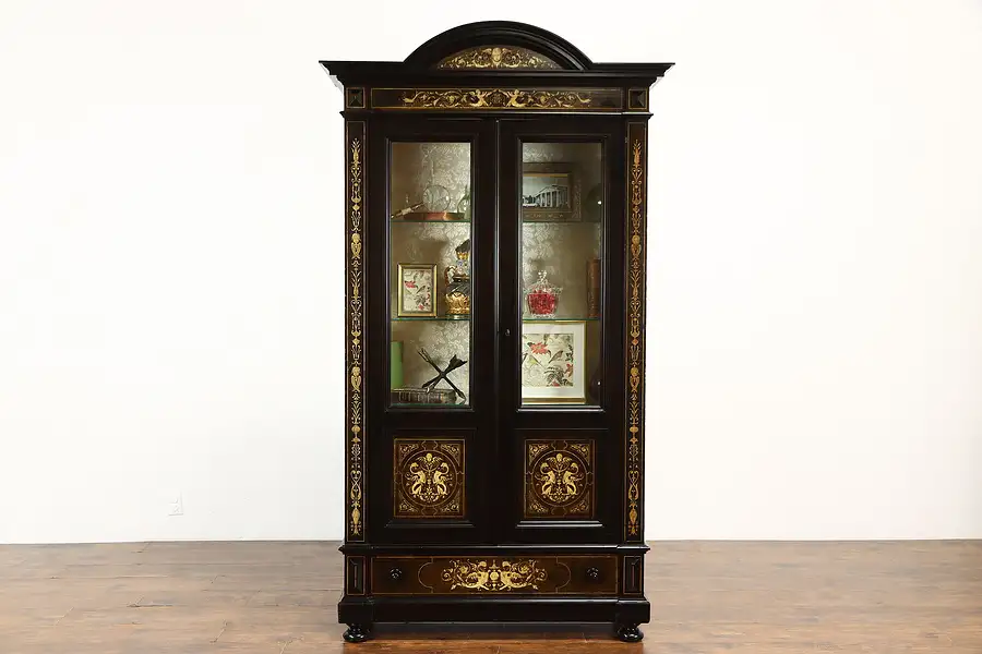 Main image of Cabinet of Curiosities, Antique Ebony Curio Display, Inlaid Marquetry