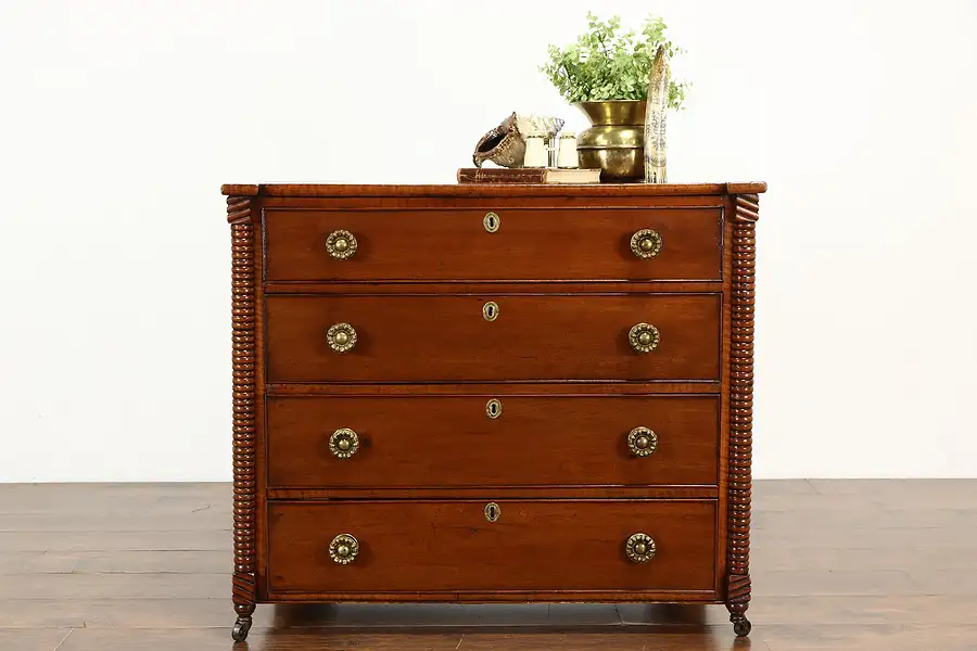 Main image of Curly or Tiger Maple Farmhouse Antique 1825 Sheraton Chest or Dresser