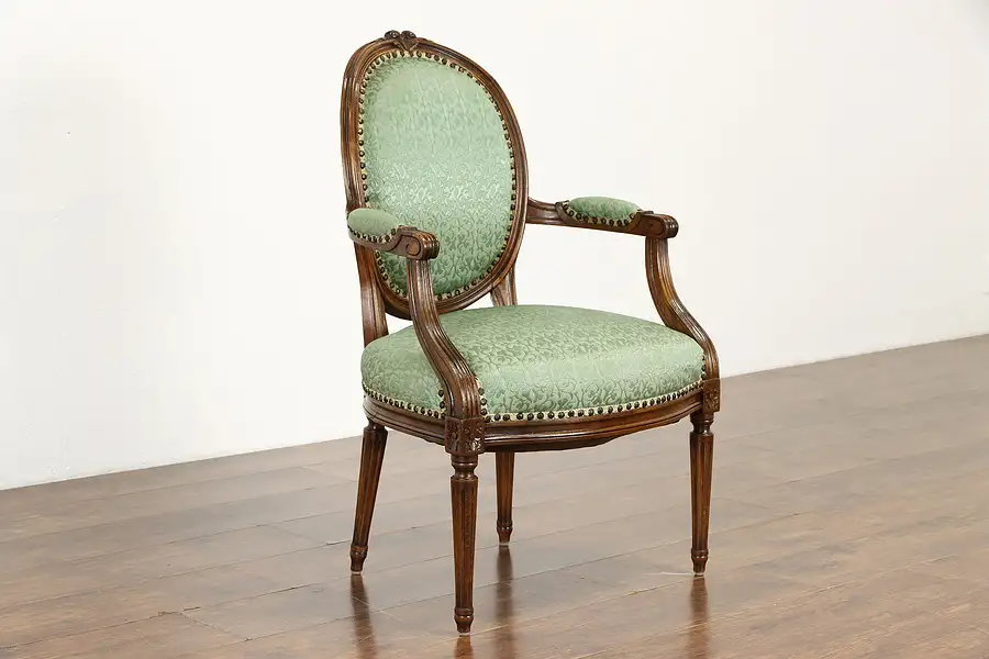 Main image of French Carved Oak Antique Armchair, Green Upholstery, Signed