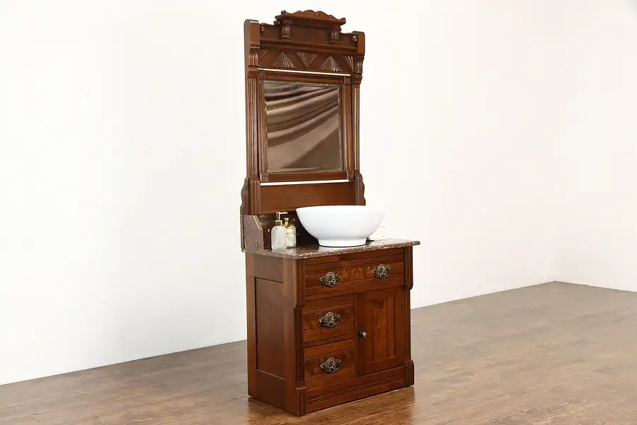 Main image of Victorian Eastlake Antique Walnut Chest Nightstand Commode, Mirror Marble