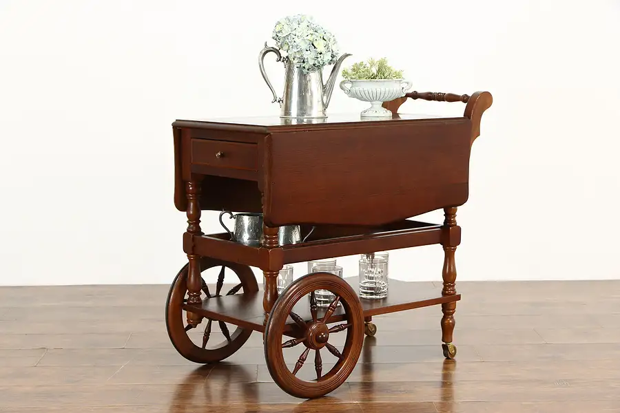 Main image of Vintage Mahogany Dessert Serving or Bar Cart, Dropleaves, Marble Top