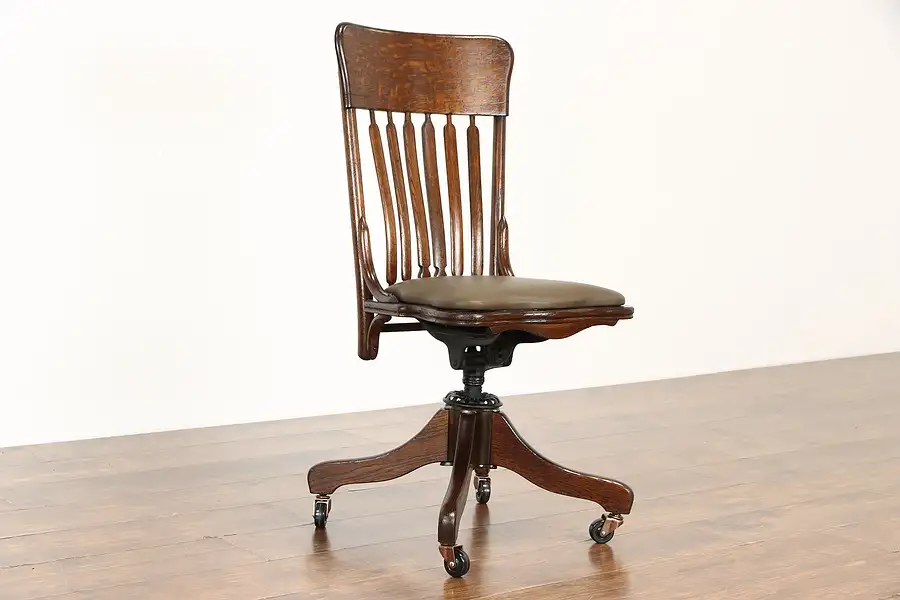 Main image of Victorian Oak Swivel Adjustable Office Desk Chair, Leather Seat, Phoenix