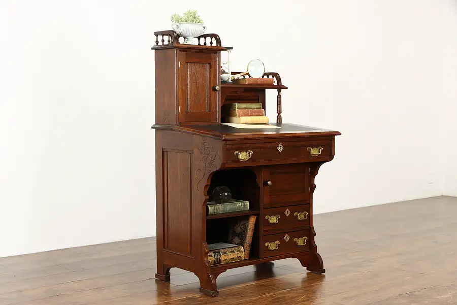 Main image of Victorian Eastlake Antique Walnut Secretary Desk, Leather Top